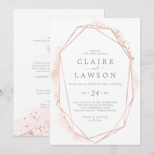 Roos Gold Waterverf Geometric All-in-One Weddensch Kaart (Voorkant / Achterkant)