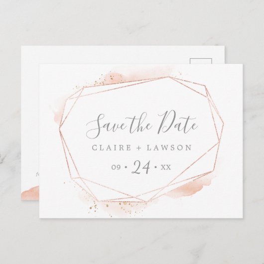 Roos Gold Waterverf Geometric Save the Date Uitnodiging Briefkaart (Voorkant / Achterkant)