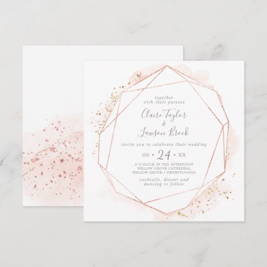 Roos Gold Waterverf Geometric Square Wedding Kaart (Voorkant / Achterkant)