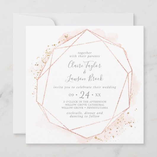Roos Gold Waterverf Geometric Square Wedding Kaart (Voorkant)