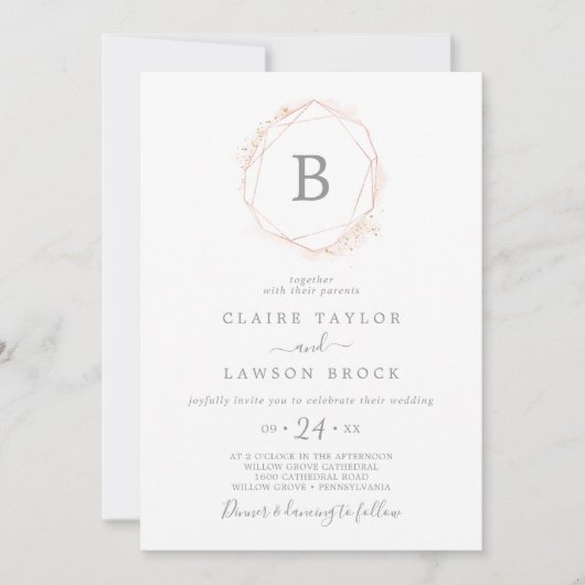 Roos Gold Waterverf Geometrische monogram bruiloft Kaart (Voorkant)