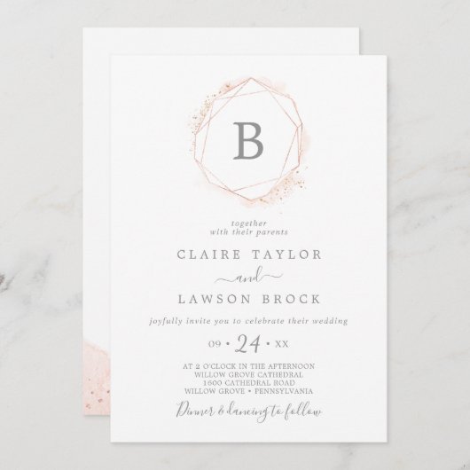 Roos Gold Waterverf Geometrische monogram bruiloft Kaart (Voorkant / Achterkant)