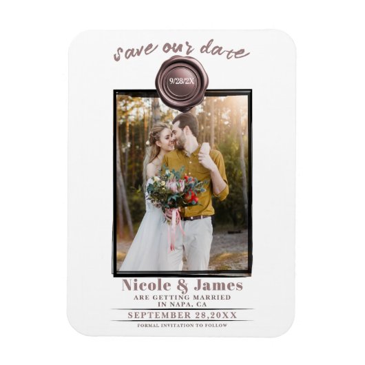 Roos Gold Wax Seal Foto Bruiloft Save the Date Magneet (Verticaal)