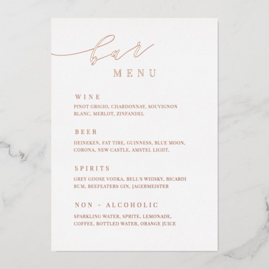 Roos Gold Weddenbar Menu Ontvangingstabel Folie Uitnodiging (Voorkant)