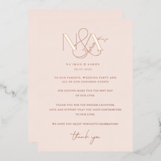 Roos Gold | Weddenstabel Hartelijk dank Folie Uitnodiging (Voorkant / Achterkant)