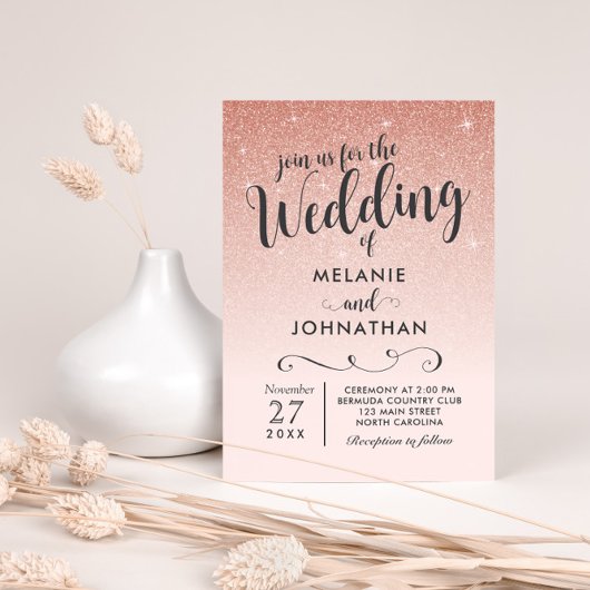 Roos Gold Wedding Invitation, Ombre Pink Kaart