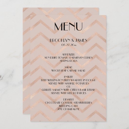 Roos Gold Wedding Menu Chevron Kaarten (Voorkant / Achterkant)