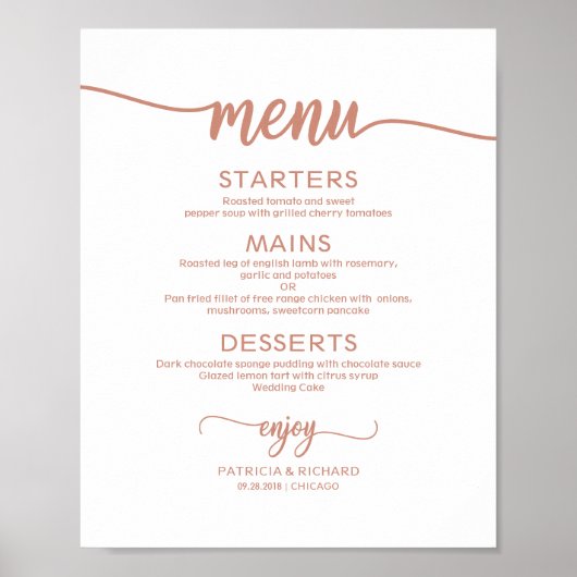 Roos Gold Wedding Menu Sign Rustic Calligraphy Poster (Voorkant)