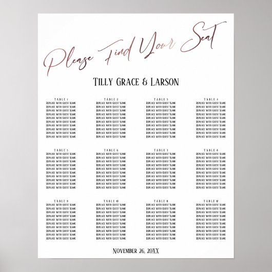 Roos Gold Wedding Reception Seating Chart Poster (Voorkant)