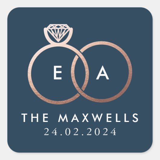 Roos Gold Wedding Ring Monogram Naam Datum marine Vierkante Sticker (Voorkant)