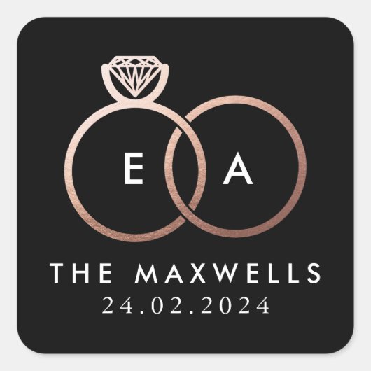 Roos Gold Wedding Ring Monogram Naam Datum Zwart Vierkante Sticker (Voorkant)