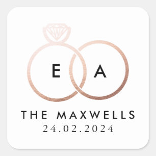 Roos Gold Wedding Ring Monogram Naam en datum Vierkante Sticker
