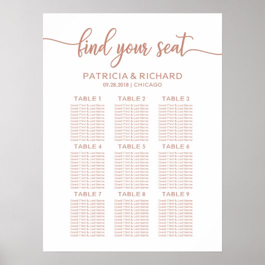 Roos Gold Wedding Seating Chart Chic Calligrafie Poster (Voorkant)