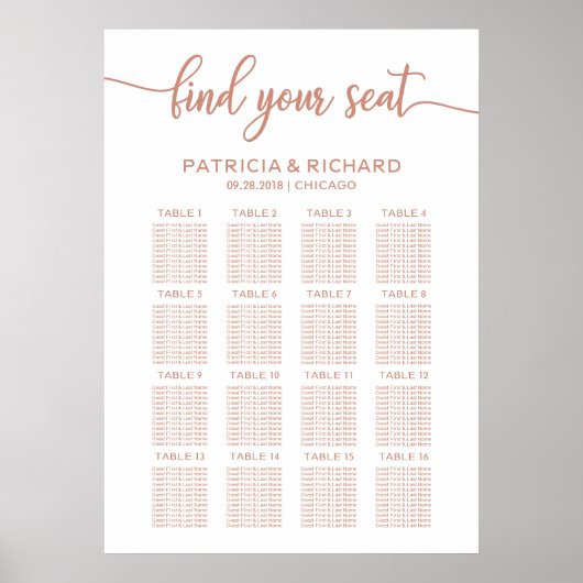 Roos Gold Wedding Seating Chart Poster (Voorkant)