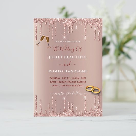 Roos Gold Wedding Uitnodiging - Gepersonaliseerd (Staand voorkant)