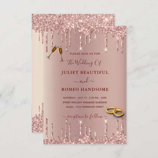 Roos Gold Wedding Uitnodiging met Glitter Drives (Voorkant / Achterkant)