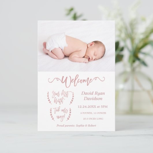 Roos Gold Welkom Foto Baby Geboorteaankondiging Aankondiging (Staand voorkant)