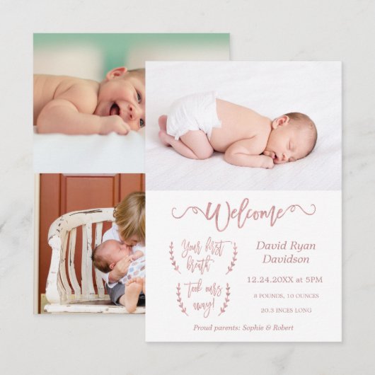 Roos Gold Welkom Foto Baby Geboorteaankondiging Aankondiging (Voorkant / Achterkant)