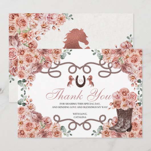 Roos Gold Western paard Quinceanera Hartelijk dank Bedankkaart (Voorkant / Achterkant)