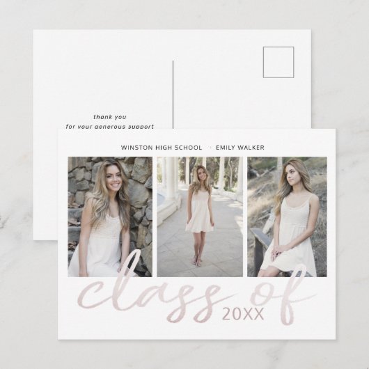 Roos Gold Whimsical Script Foto Afstuderen Announ Aankondigingskaart (Voorkant / Achterkant)