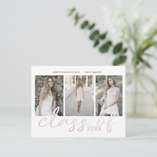 Roos Gold Whimsical Script Foto Afstuderen Announ Aankondigingskaart (Staand voorkant)