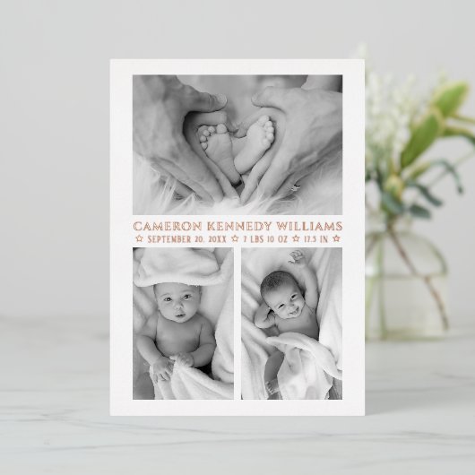 Roos Gold White 3 Foto Hallo Baby Pasgeboren geboo Folie Uitnodiging (Staand Voorkant)