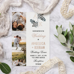 Roos Gold White Floral Monogram Foto's Wedding Foi Folie Uitnodiging