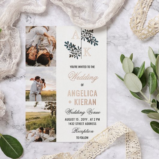 Roos Gold White Floral Monogram Foto's Wedding Foi Folie Uitnodiging