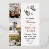 Roos Gold White Floral Monogram Foto's Wedding Foi Folie Uitnodiging (Voorkant)