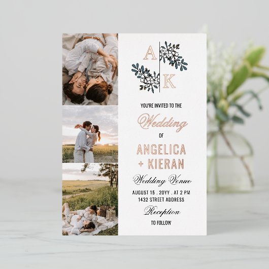 Roos Gold White Floral Monogram Foto's Wedding Foi Folie Uitnodiging (Staand Voorkant)