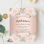 Roos Gold White Florals Budget verjaardagsuitnodig<br><div class="desc">Een moderne,  stijlvolle en glamoureuze uitnodiging voor een 50ste (of enige leeftijd) verjaardagsfeestje. Een rozen gouden achtergrond met blush roze bloemetjes,  rozen. De naam is geschreven met een modern handschrift. Personaliseer en voeg uw feestdetails toe. 1 vel = 1 uitnodiging afgedrukt rand tot rand.</div>