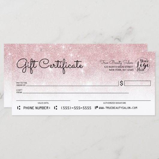 Roos Gold White Glitter Check Cadeaubon (Voorkant / Achterkant)