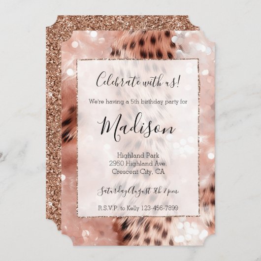 Roos Gold & White Leopard Glitz Stijlvolle Glitter Kaart (Voorkant / Achterkant)