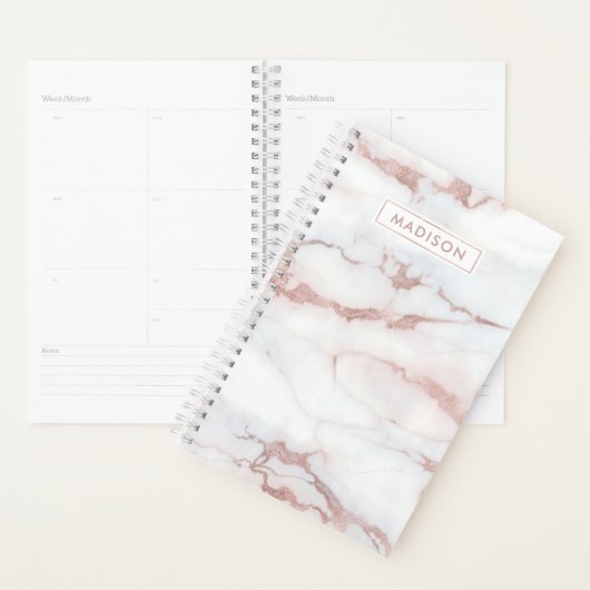 Roos Gold White Marble Aangepaste naam Planner (Display)