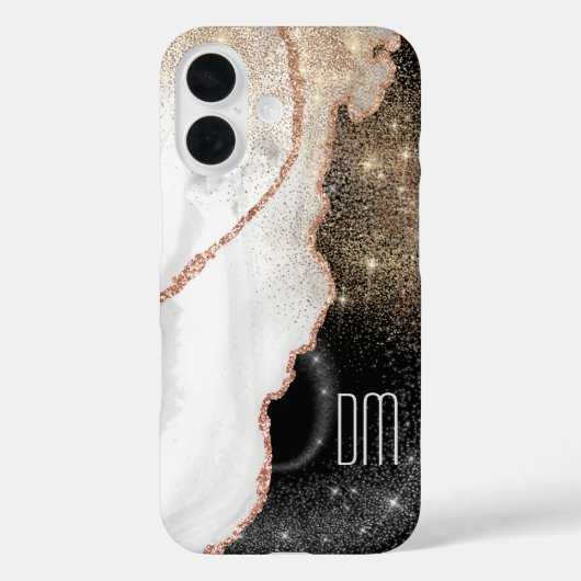 Roos Gold White Marble Glitter Monogram Case-Mate iPhone Case (Achterkant)
