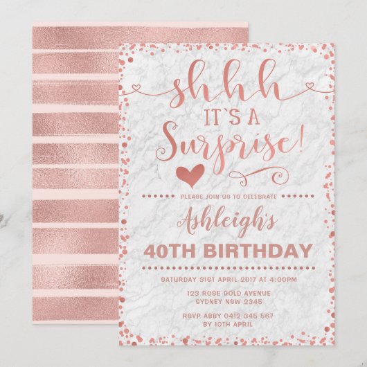 Roos Gold & White marble Surprise Birthday Party Kaart (Voorkant / Achterkant)