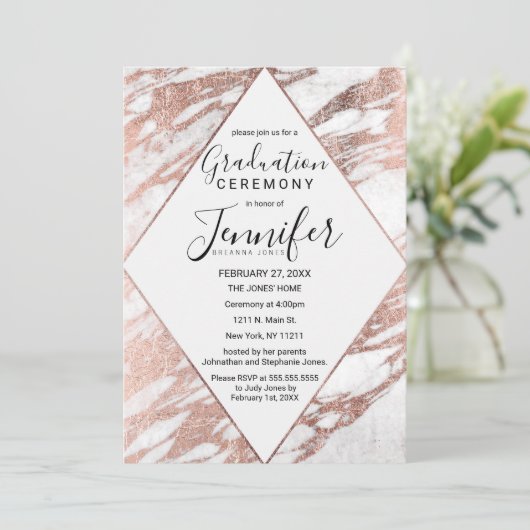 Roos Gold White Modern Marble Afstuderen Kaart (Staand voorkant)