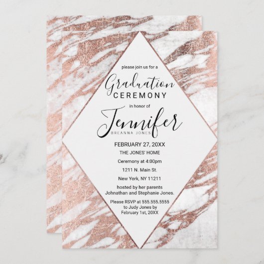 Roos Gold White Modern Marble Afstuderen Kaart (Voorkant / Achterkant)