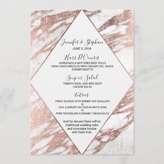 Roos Gold White Modern Marble Wedding Menu (Voorkant)