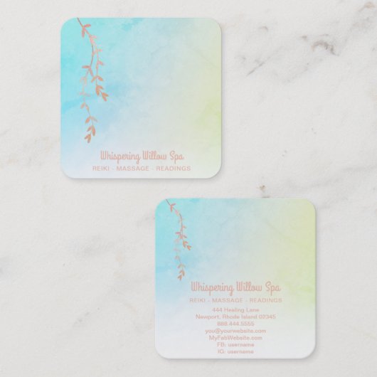 *~* Roos Gold + Willow Tree Branch Pastel Ombre Vierkante Visitekaartje (Voorkant / Achterkant)
