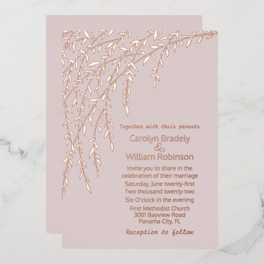 Roos Gold Willows Blush Wedding Folie Uitnodiging (Voorkant / Achterkant)