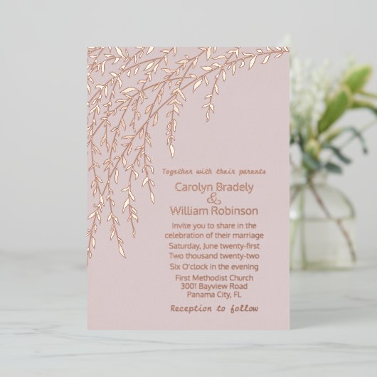 Roos Gold Willows Blush Wedding Folie Uitnodiging (Staand Voorkant)