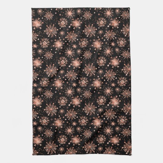 Roos Gold Winter Snowflakes op zwart Theedoek (Verticaal)