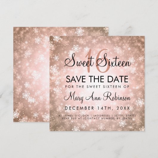 Roos Gold Winter Sweet 16 Birthday Party Kaart (Voorkant / Achterkant)