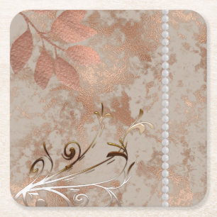 Roos Gold, witte parels, Floral Square Tile Bever Kartonnen Onderzetters