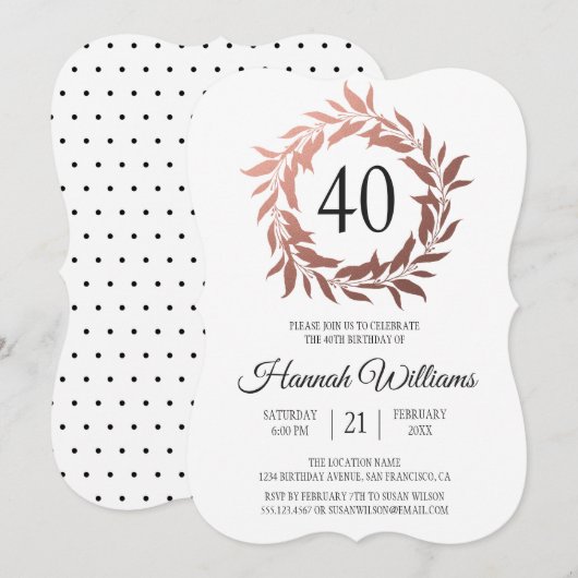 Roos Gold Wreath 40th Birthday Party Kaart (Voorkant / Achterkant)
