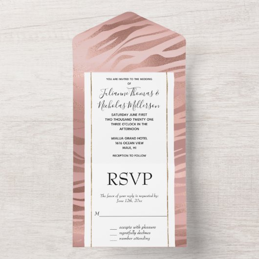 Roos Gold Zebra afdrukken All In One Uitnodiging (Binnen)