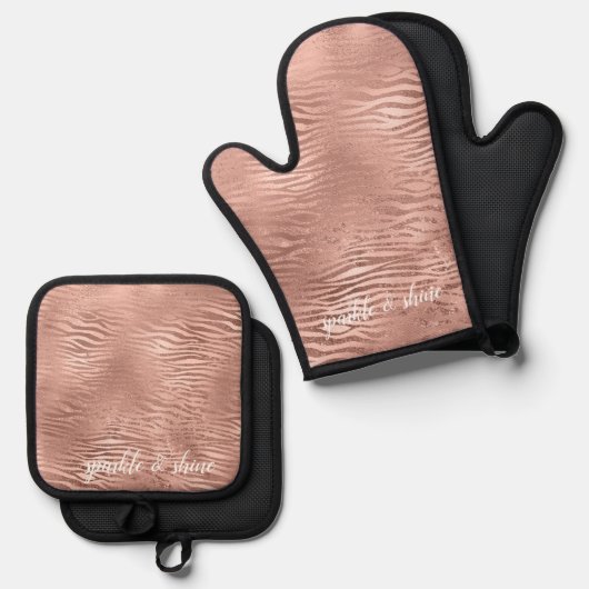 Roos Gold Zebra Animal Print Ovenwant & Pannenlap Set (Voorkant / Achterkant)