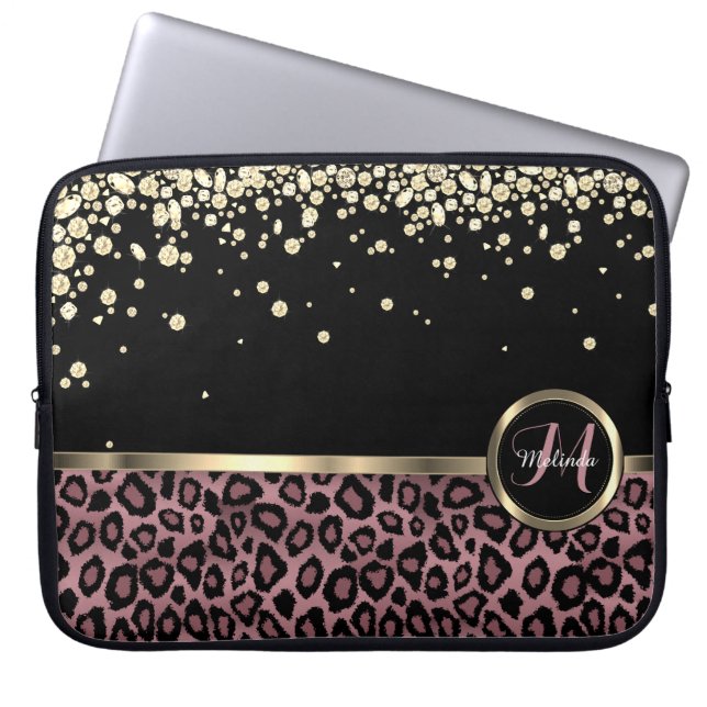 Roos Gold, zwarte luipaard met Gold Diamonds Laptop Sleeve (Voorkant)