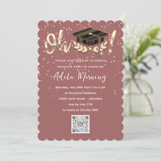 Roos Golden Confetti Afstuderen QR-code Kaart (Staand voorkant)